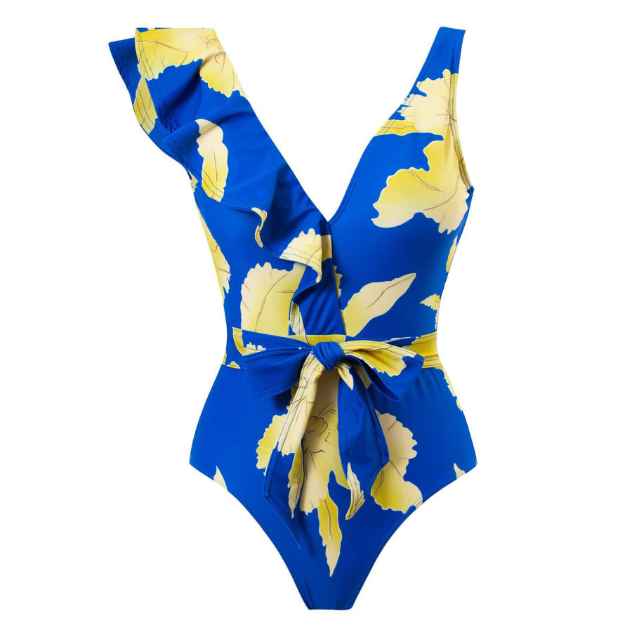 Tied Printed V - Neck Sleeveless One - Piece Swimwear Royal Blue / S Apparel and Accessories
