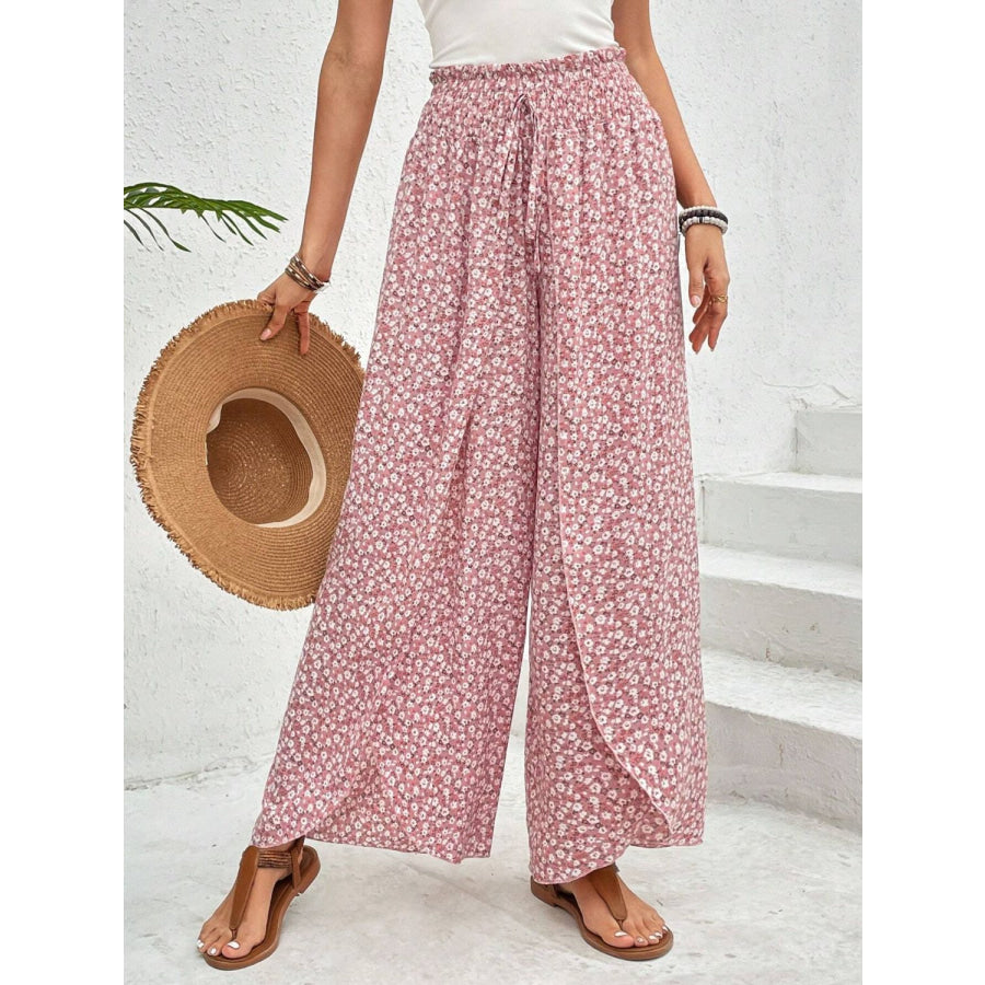 Tied Printed Wide Leg Pants Blush Pink / S Apparel and Accessories