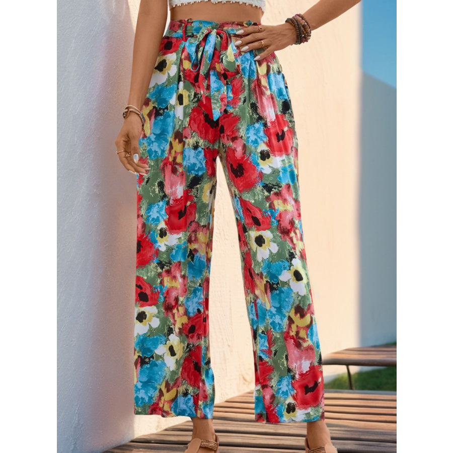 Tied Printed Wide Leg Pants Multicolor / S Apparel and Accessories