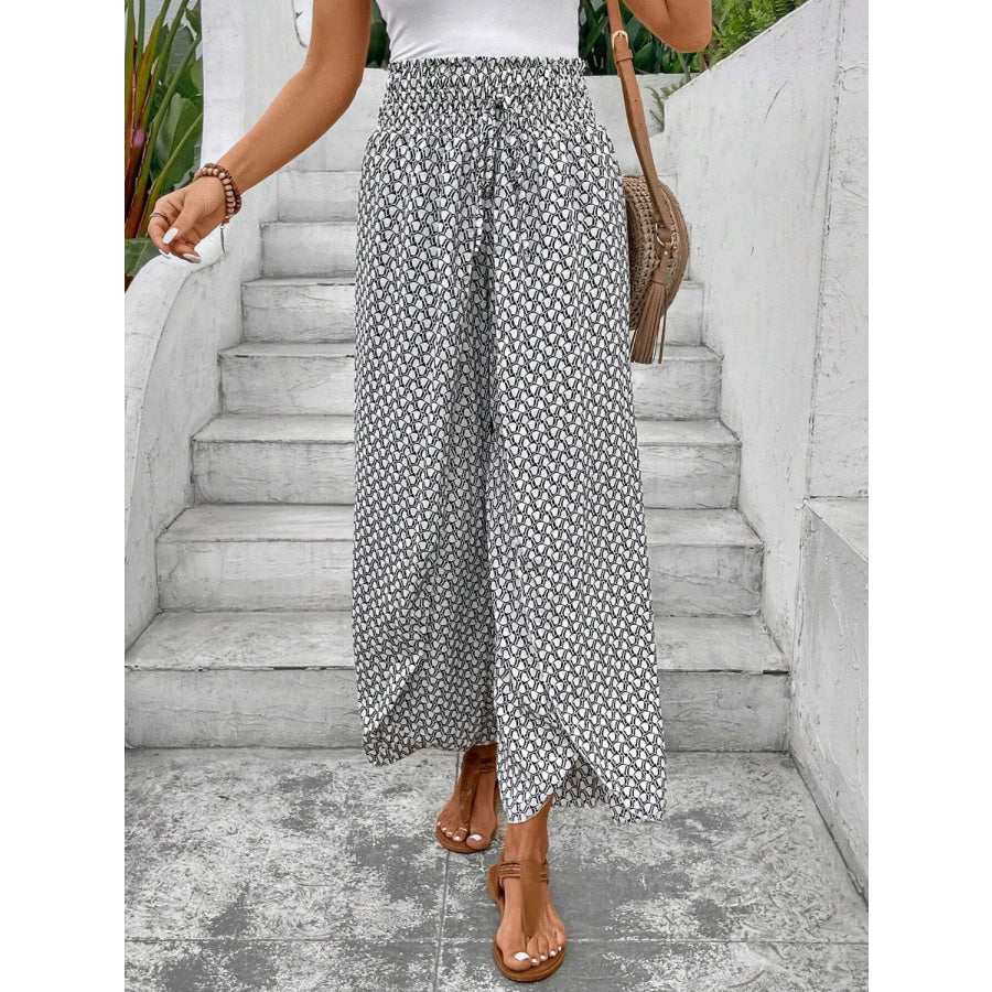 Tied Printed Wide Leg Pants White / S Apparel and Accessories