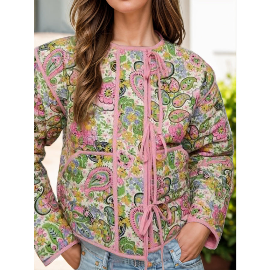 Tied Printeded Long Sleeve Jacket Blush Pink / S Apparel and Accessories