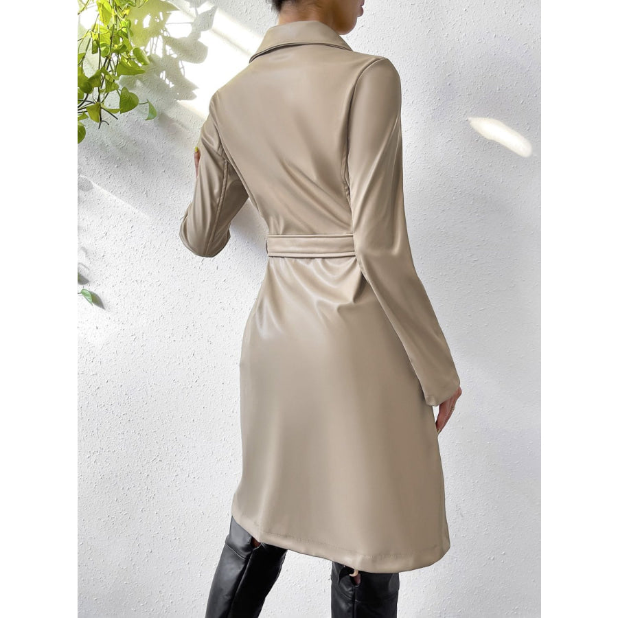 Tied PU Leather Long Sleeve Trench Coat Apparel and Accessories