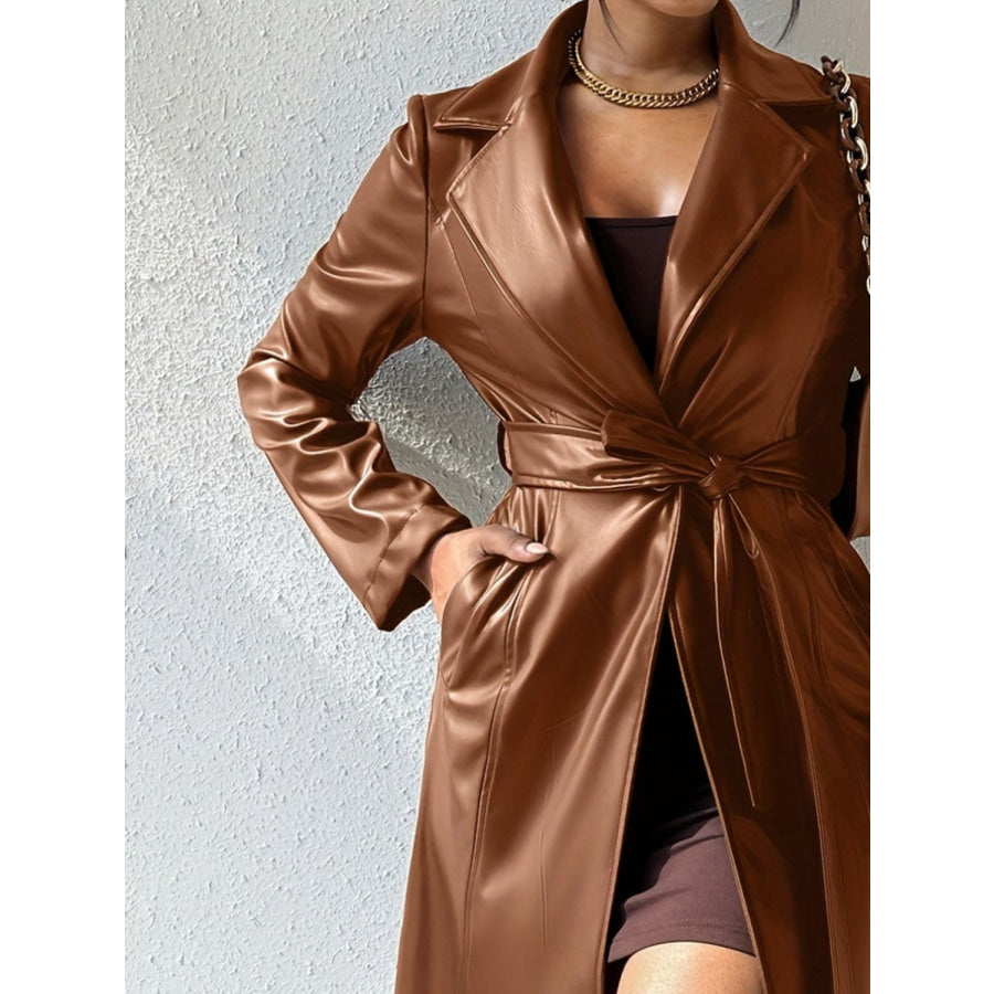 Tied PU Leather Long Sleeve Trench Coat Apparel and Accessories