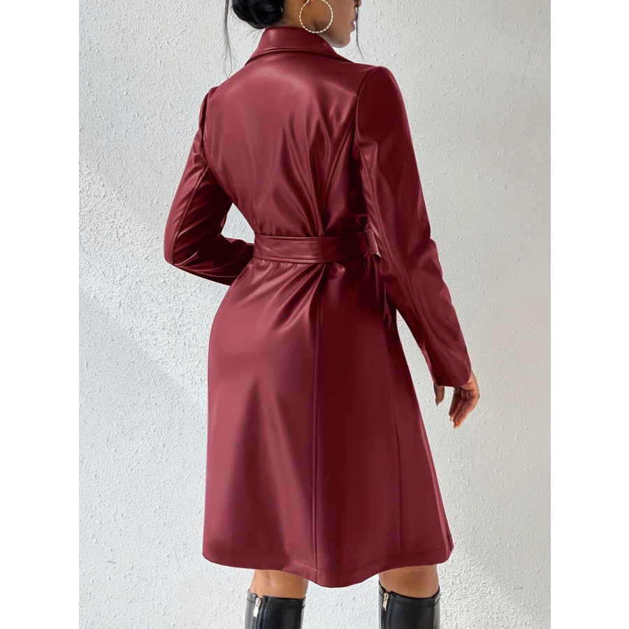 Tied PU Leather Long Sleeve Trench Coat Apparel and Accessories