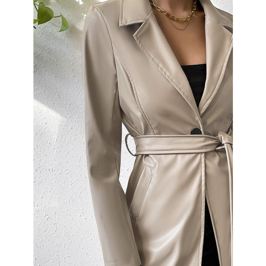 Tied PU Leather Long Sleeve Trench Coat Apparel and Accessories