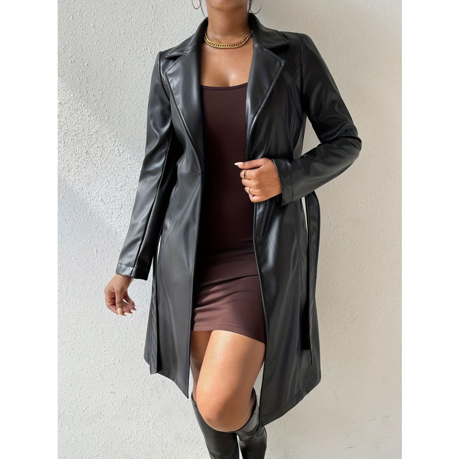 Tied PU Leather Long Sleeve Trench Coat Apparel and Accessories