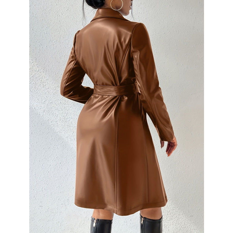 Tied PU Leather Long Sleeve Trench Coat Apparel and Accessories