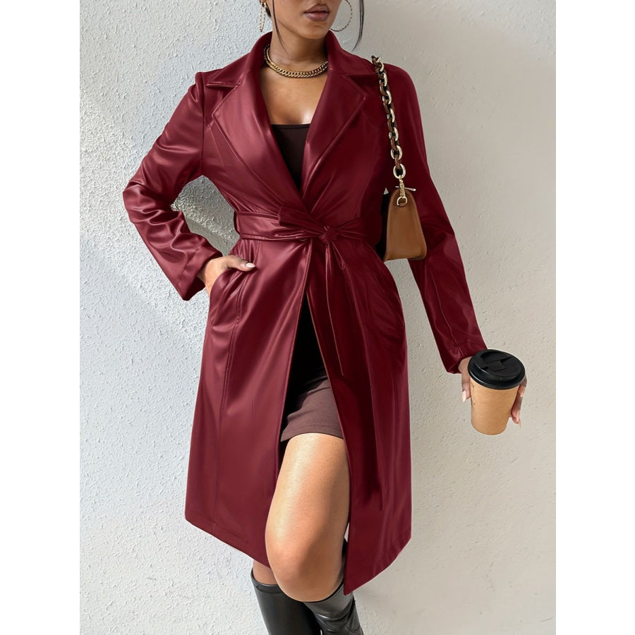 Tied PU Leather Long Sleeve Trench Coat Apparel and Accessories