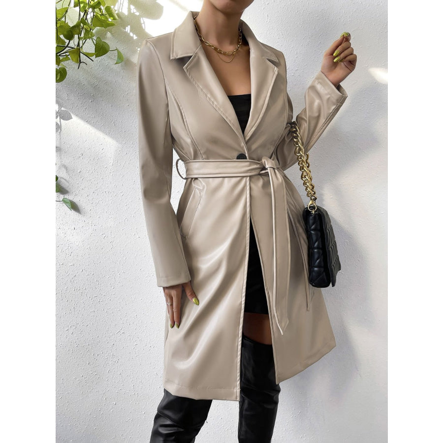 Tied PU Leather Long Sleeve Trench Coat Beige / S Apparel and Accessories