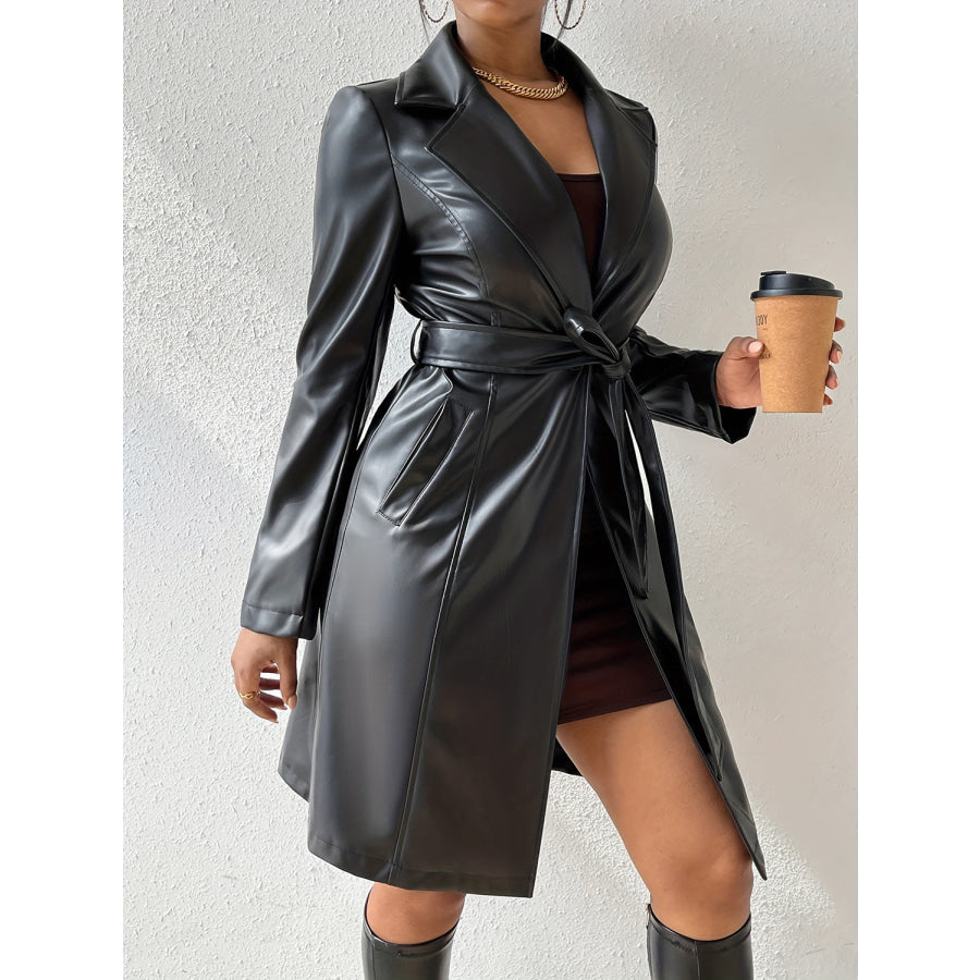 Tied PU Leather Long Sleeve Trench Coat Black / S Apparel and Accessories