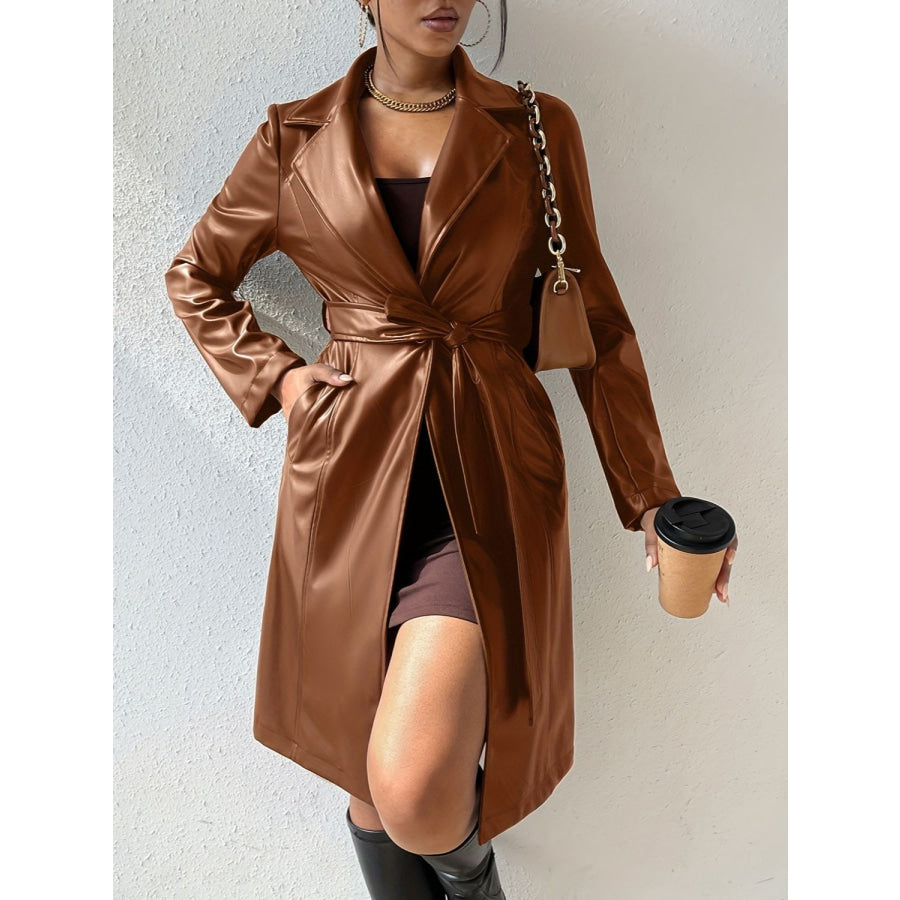 Tied PU Leather Long Sleeve Trench Coat Brown / S Apparel and Accessories