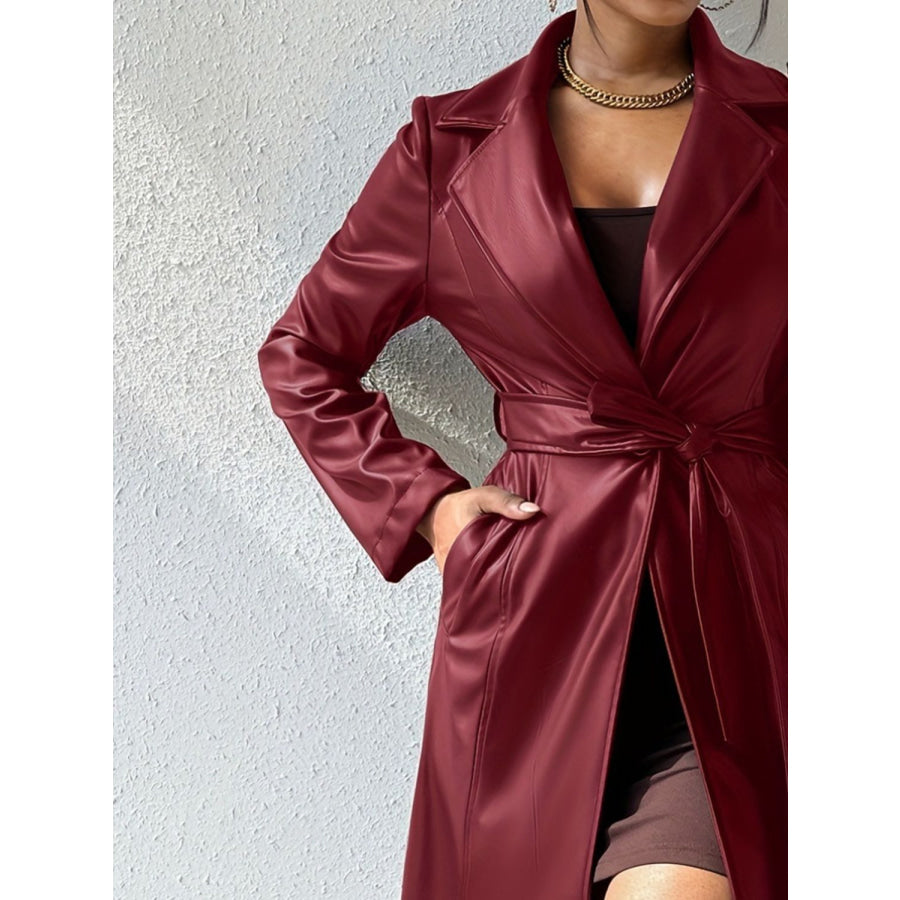 Tied PU Leather Long Sleeve Trench Coat Burgundy / S Apparel and Accessories