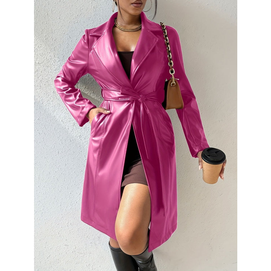 Tied PU Leather Long Sleeve Trench Coat Fuchsia Pink / S Apparel and Accessories