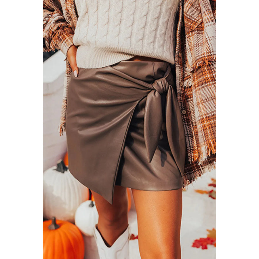 Tied PU Leather Skirt Dark Brown / S Apparel and Accessories