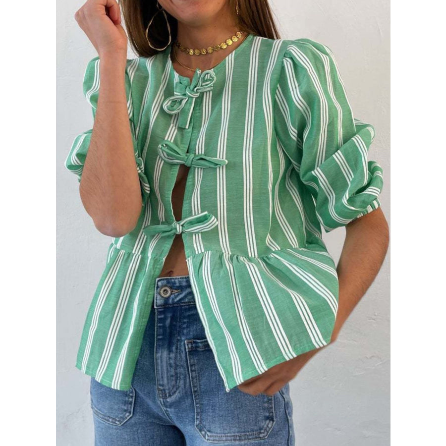 Tied Round Neck Balloon Sleeve Shirt Apparel and Accessories