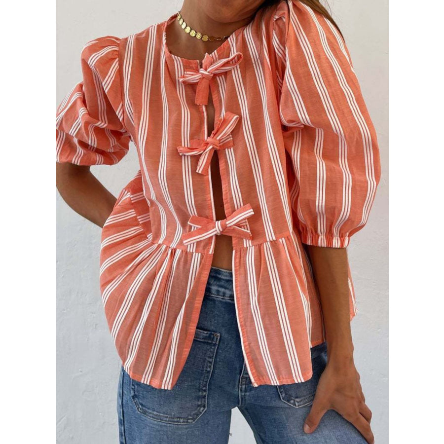 Tied Round Neck Balloon Sleeve Shirt Apparel and Accessories