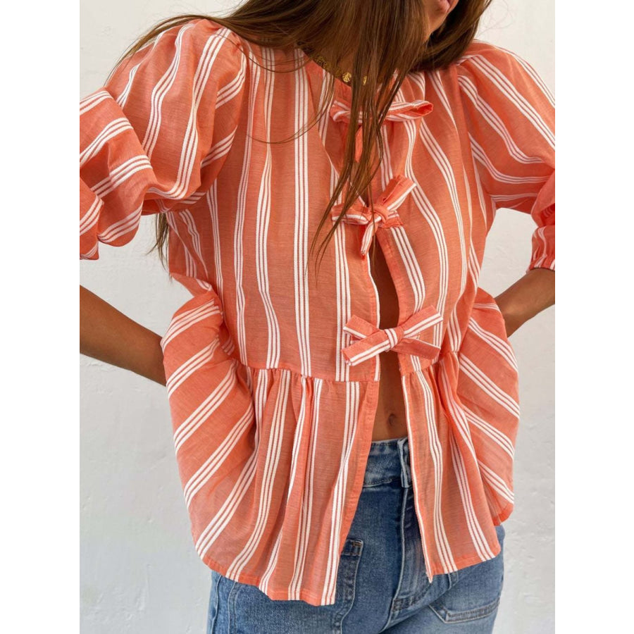 Tied Round Neck Balloon Sleeve Shirt Apparel and Accessories