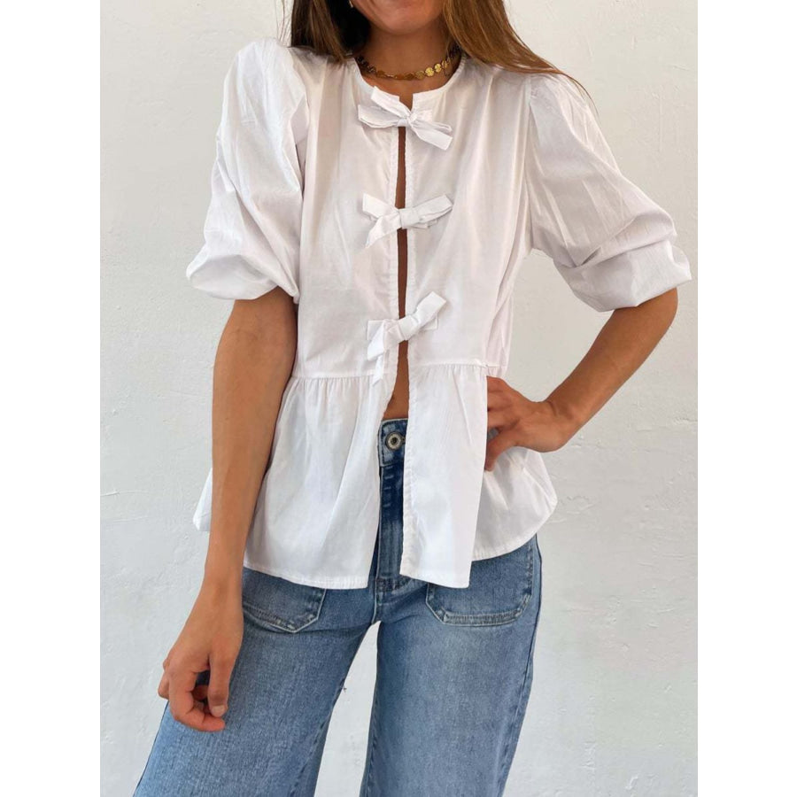 Tied Round Neck Balloon Sleeve Shirt Apparel and Accessories