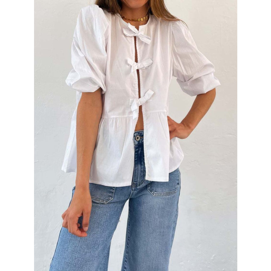 Tied Round Neck Balloon Sleeve Shirt Apparel and Accessories