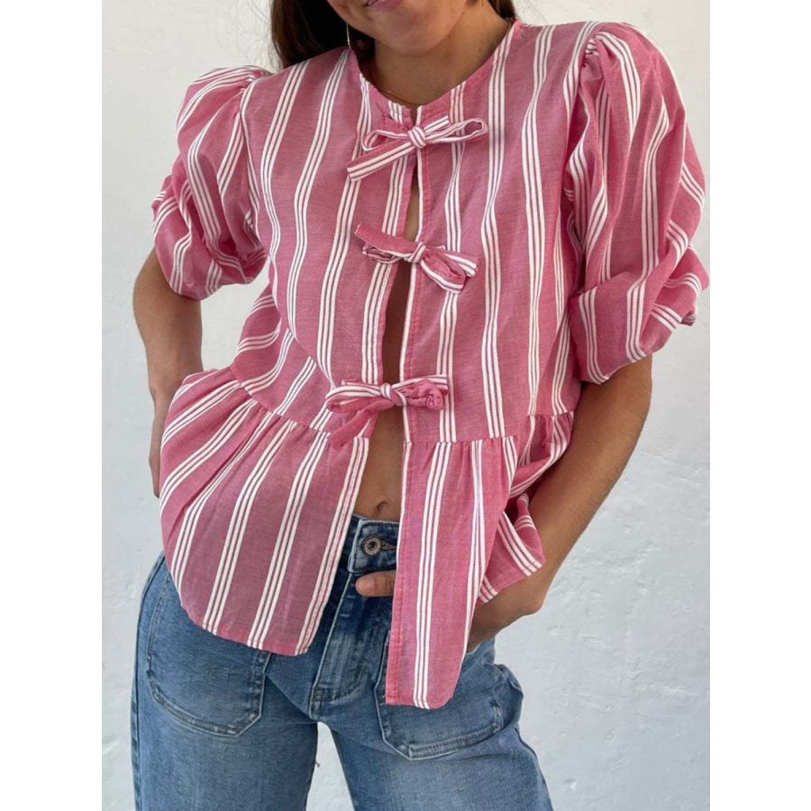 Tied Round Neck Balloon Sleeve Shirt Apparel and Accessories