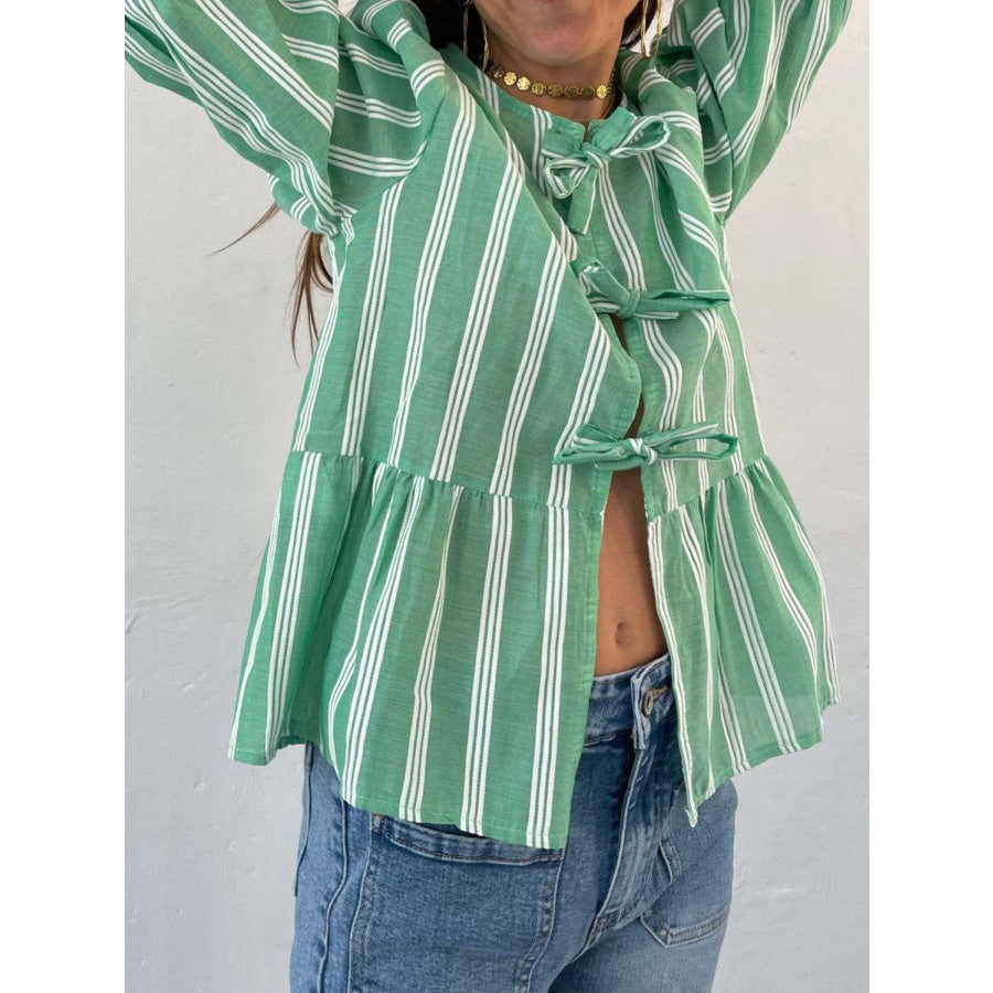 Tied Round Neck Balloon Sleeve Shirt Apparel and Accessories