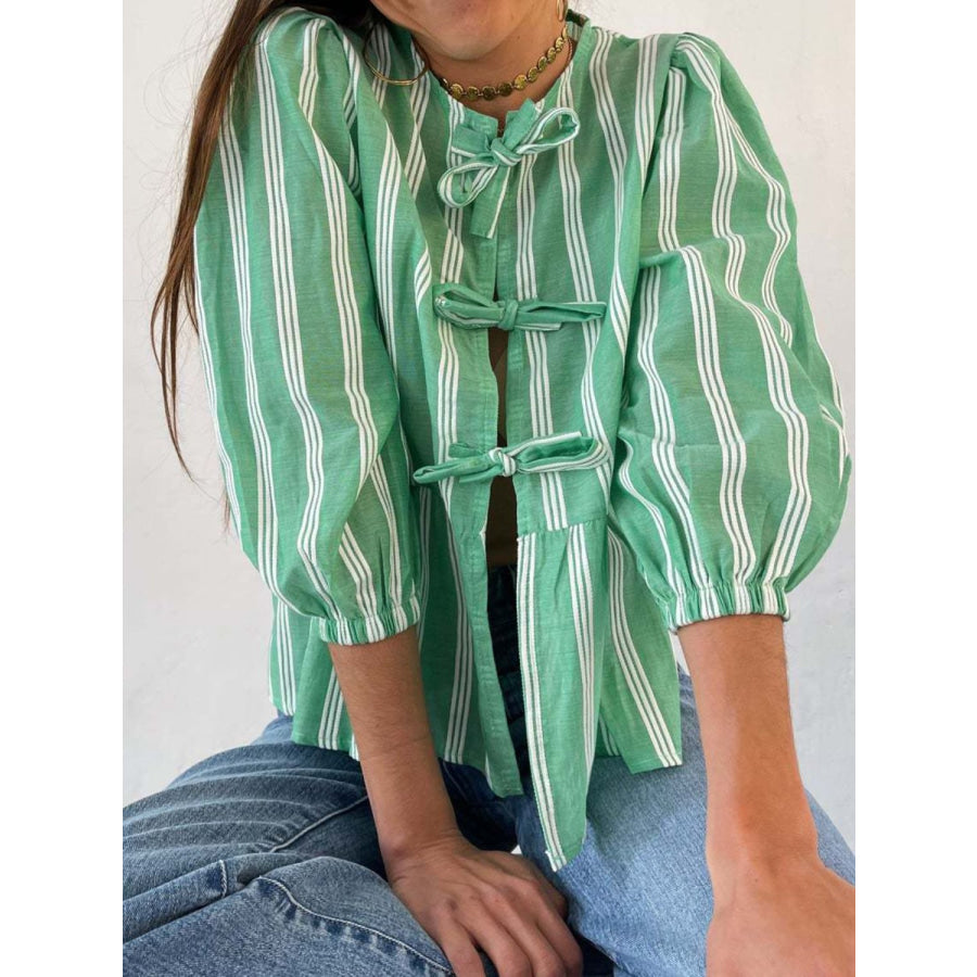 Tied Round Neck Balloon Sleeve Shirt Apparel and Accessories