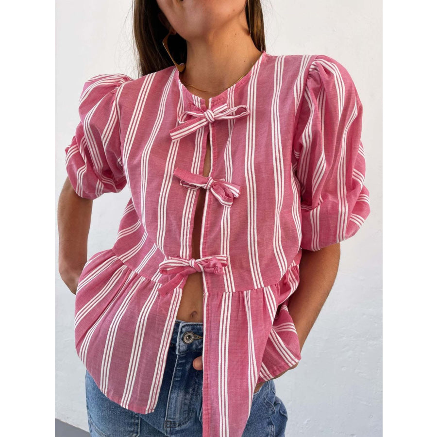 Tied Round Neck Balloon Sleeve Shirt Fuchsia Pink / S Apparel and Accessories