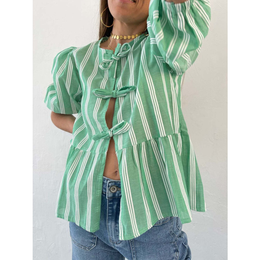 Tied Round Neck Balloon Sleeve Shirt Green / S Apparel and Accessories