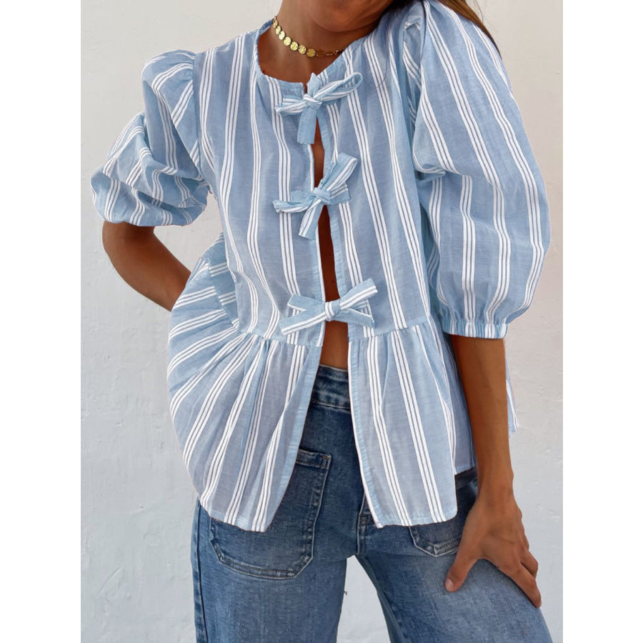 Tied Round Neck Balloon Sleeve Shirt Light Blue / S Apparel and Accessories