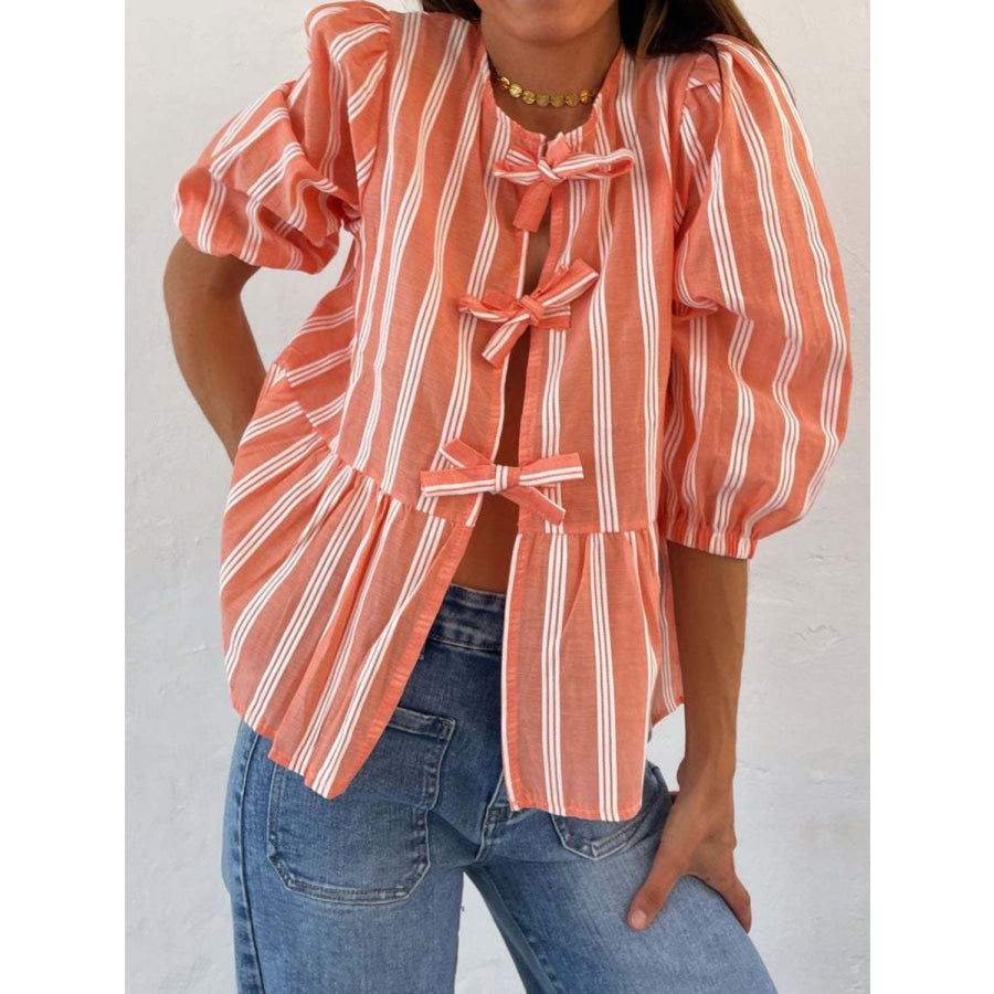 Tied Round Neck Balloon Sleeve Shirt Orange / S Apparel and Accessories