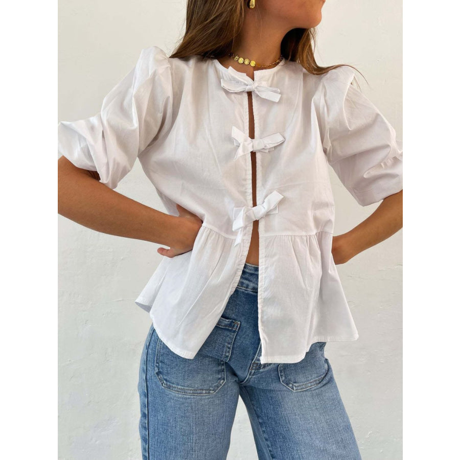 Tied Round Neck Balloon Sleeve Shirt White / S Apparel and Accessories