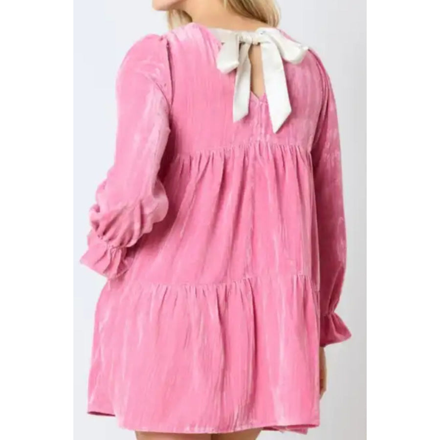 Tied Round Neck Flounce Sleeve Mini Dress Apparel and Accessories