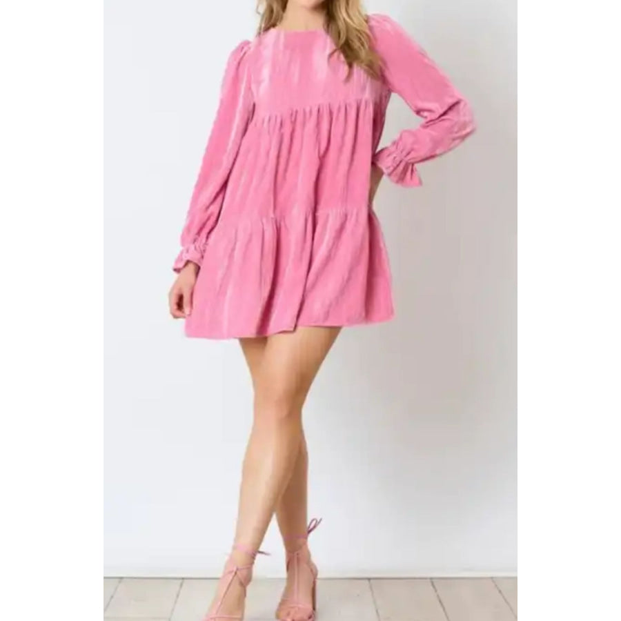 Tied Round Neck Flounce Sleeve Mini Dress Apparel and Accessories