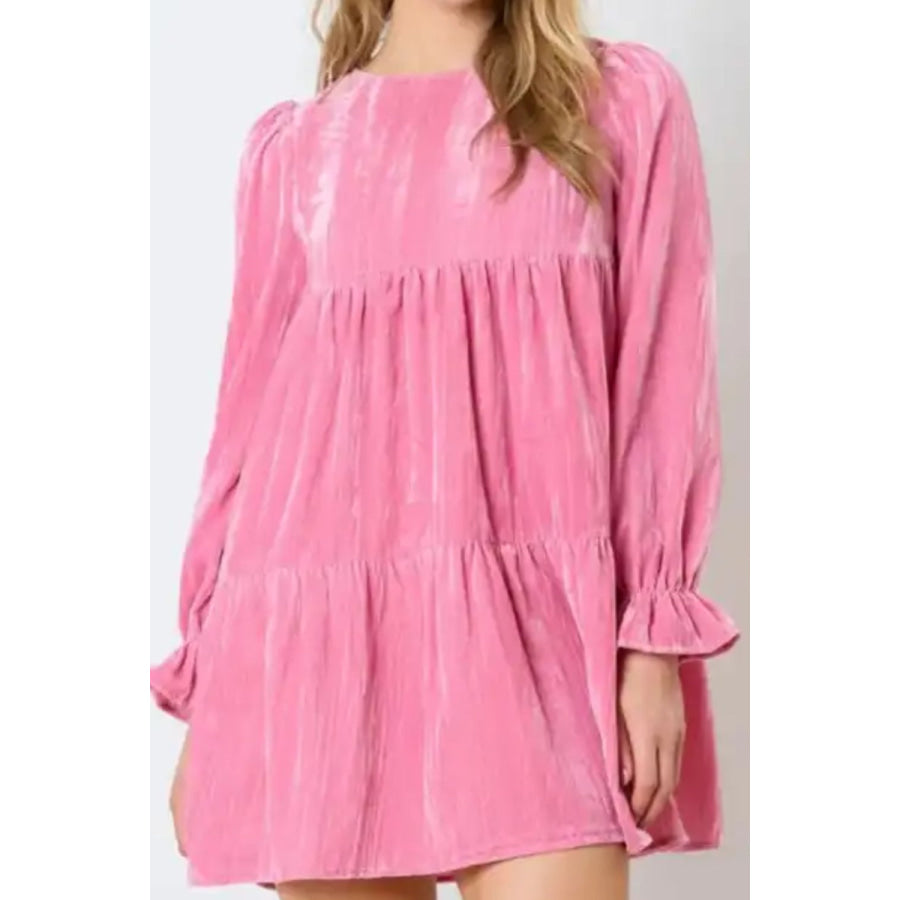 Tied Round Neck Flounce Sleeve Mini Dress Apparel and Accessories