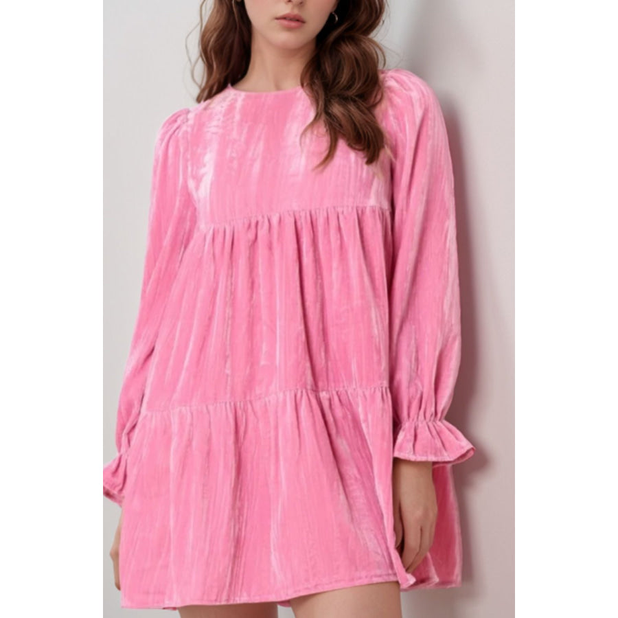 Tied Round Neck Flounce Sleeve Mini Dress Pink / S Apparel and Accessories