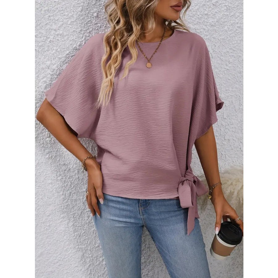 Tied Round Neck Half Sleeve Blouse Apparel and Accessories