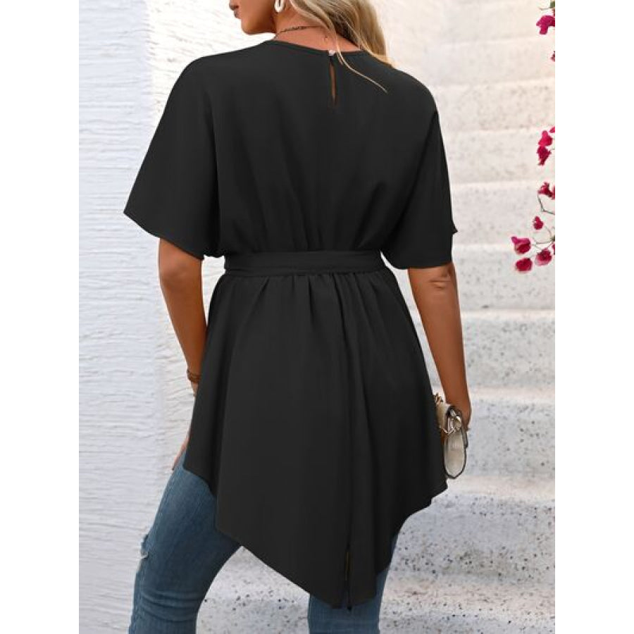 Tied Round Neck Half Sleeve Blouse Apparel and Accessories