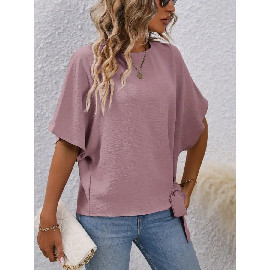 Tied Round Neck Half Sleeve Blouse Apparel and Accessories