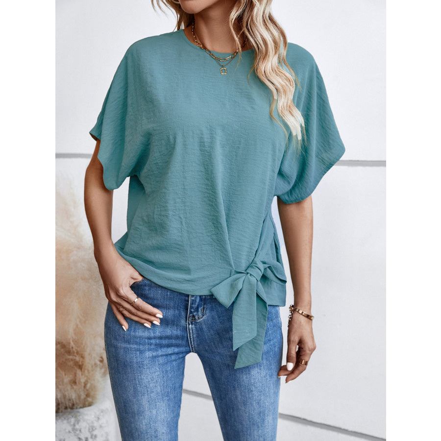 Tied Round Neck Half Sleeve Blouse Apparel and Accessories