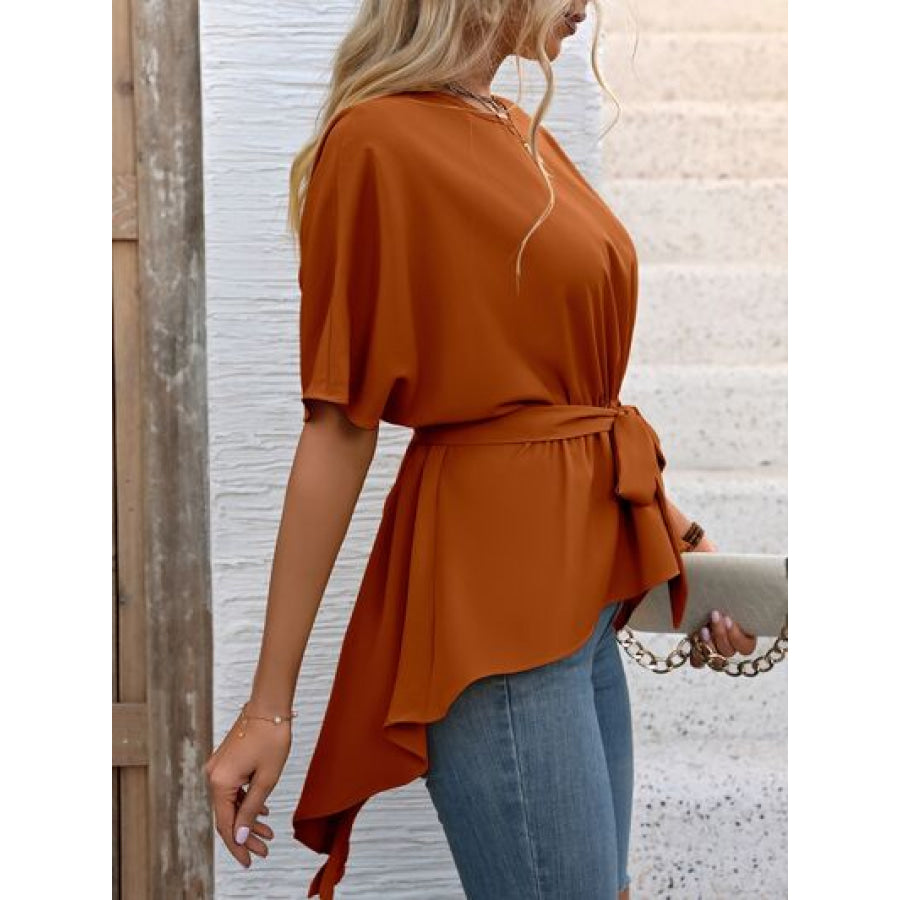 Tied Round Neck Half Sleeve Blouse Apparel and Accessories