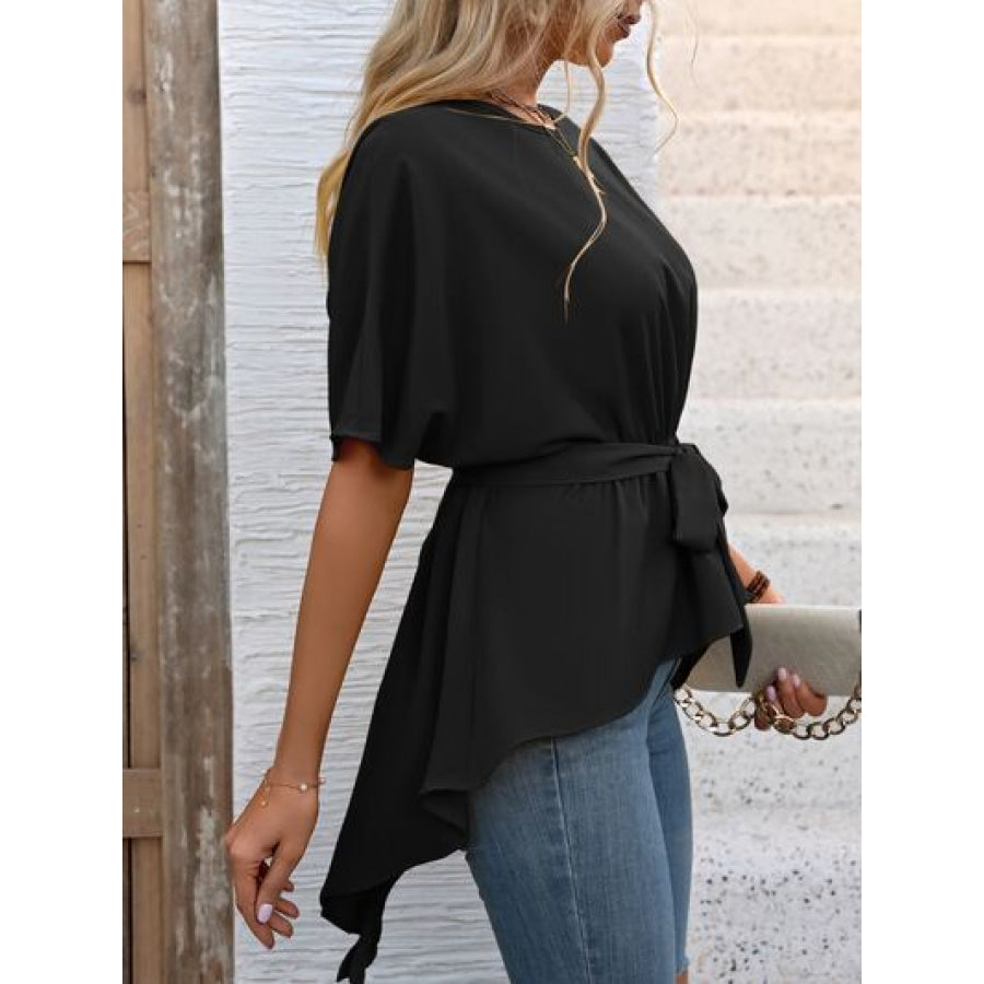 Tied Round Neck Half Sleeve Blouse Apparel and Accessories