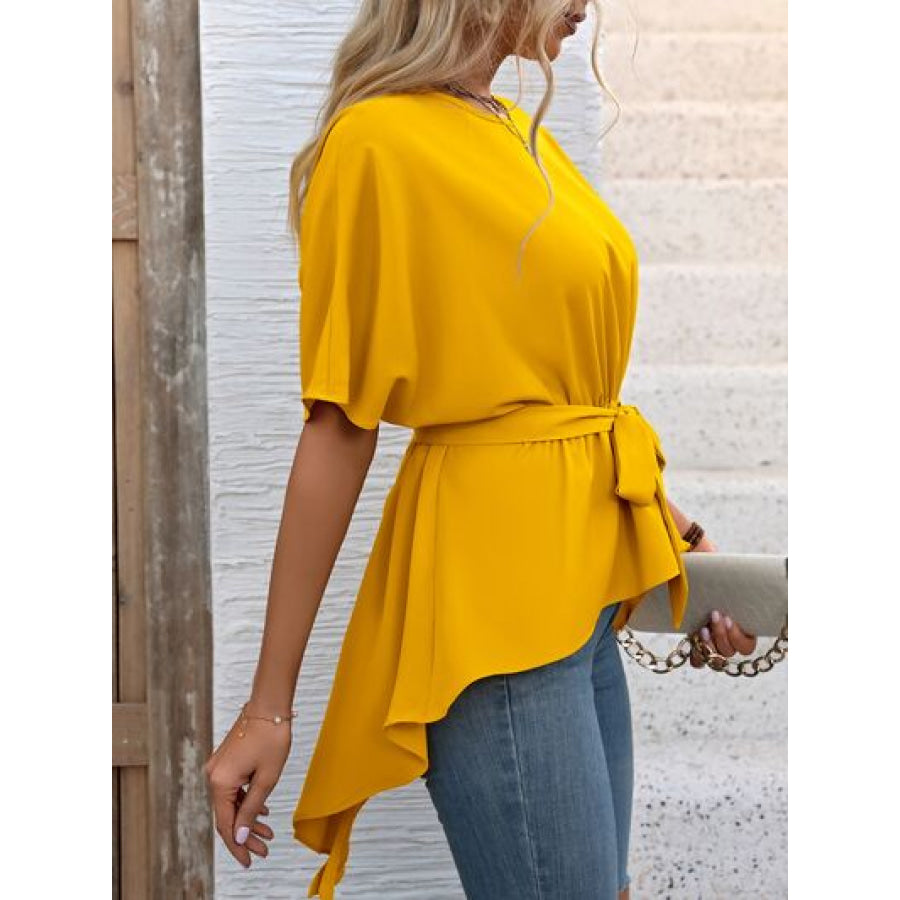 Tied Round Neck Half Sleeve Blouse Apparel and Accessories