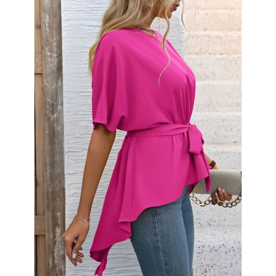 Tied Round Neck Half Sleeve Blouse Apparel and Accessories