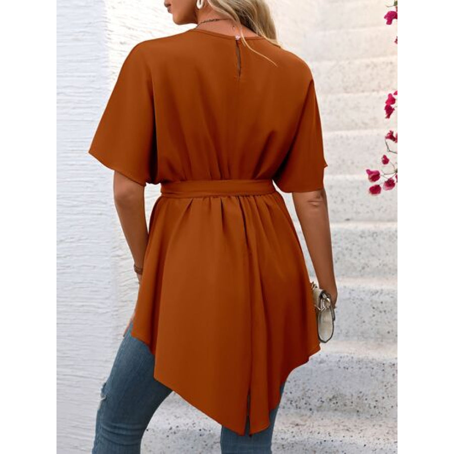 Tied Round Neck Half Sleeve Blouse Apparel and Accessories