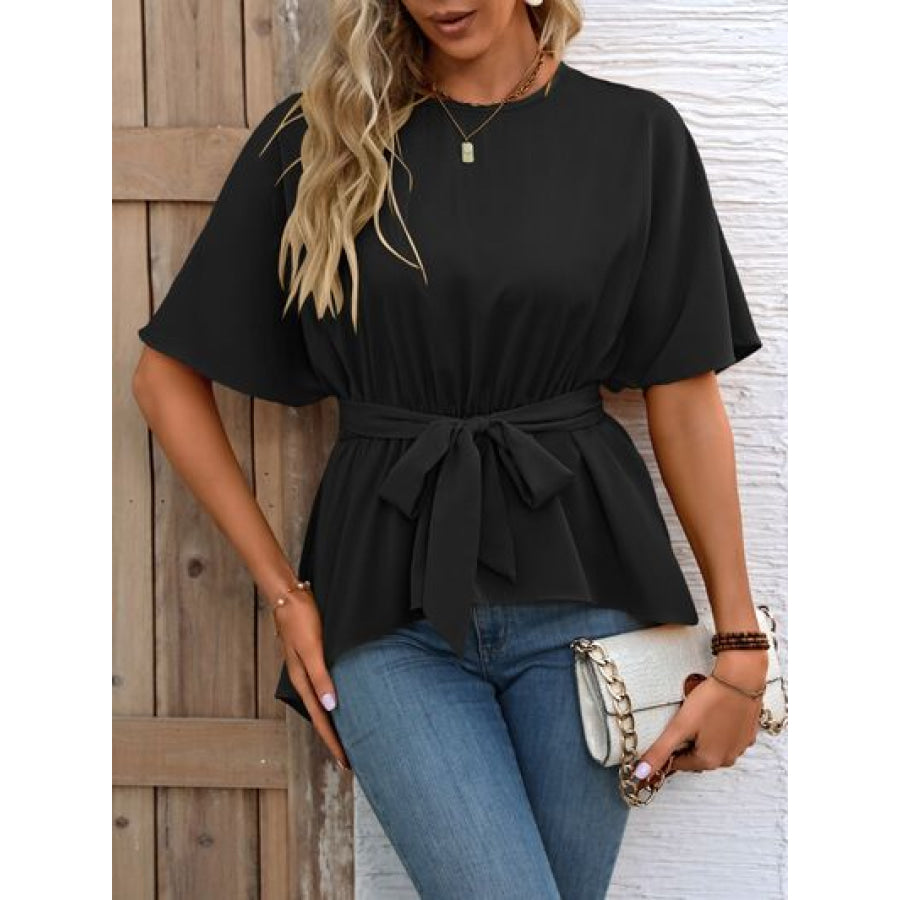 Tied Round Neck Half Sleeve Blouse Black / S Apparel and Accessories