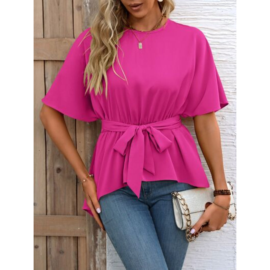 Tied Round Neck Half Sleeve Blouse Deep Rose / S Apparel and Accessories