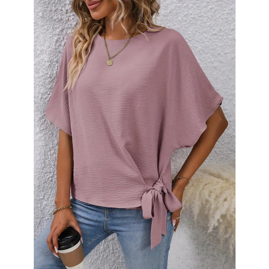 Tied Round Neck Half Sleeve Blouse Light Purple / S Apparel and Accessories