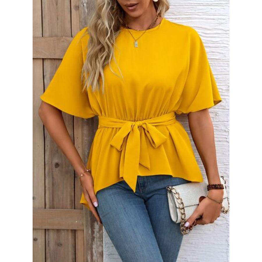 Tied Round Neck Half Sleeve Blouse Mustard / S Apparel and Accessories