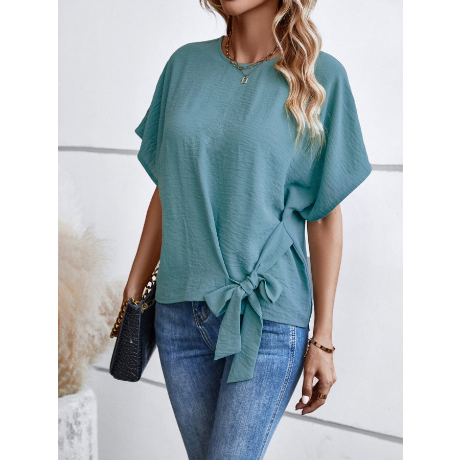 Tied Round Neck Half Sleeve Blouse Peacock Blue / S Apparel and Accessories