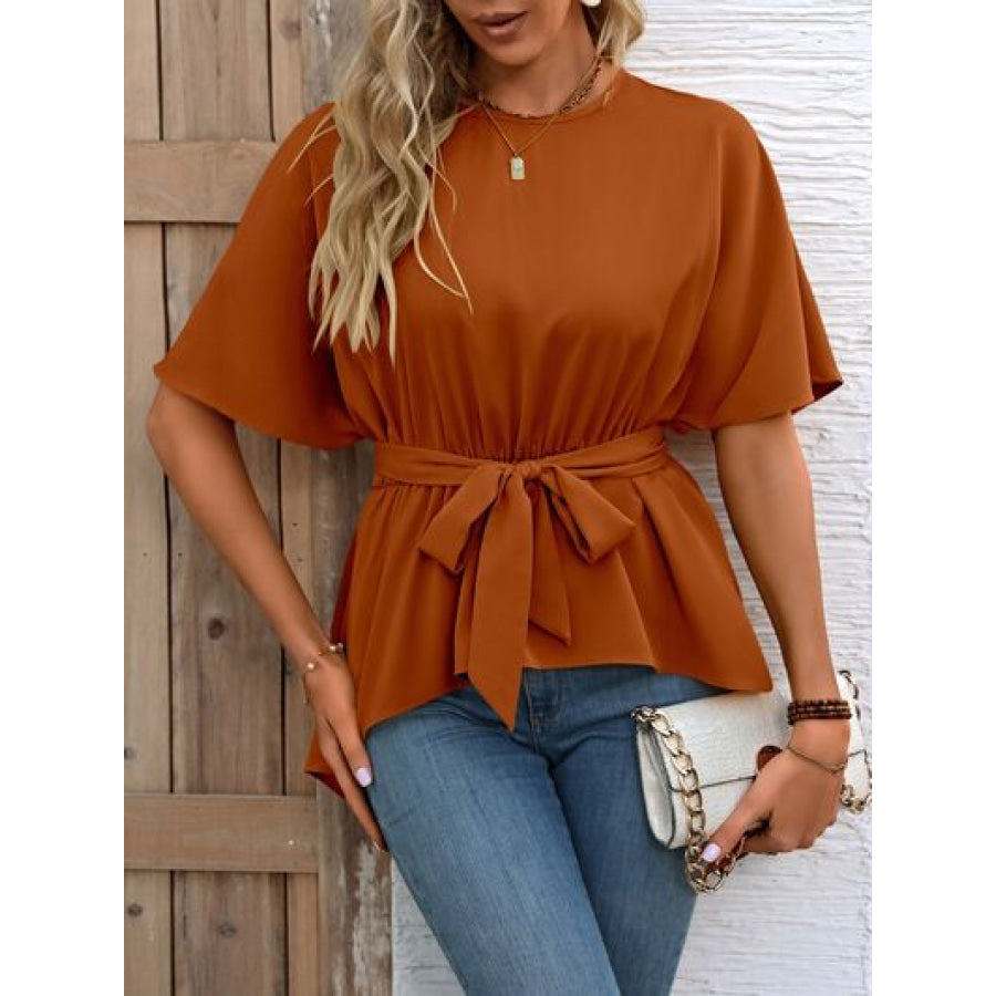 Tied Round Neck Half Sleeve Blouse Terracotta / S Apparel and Accessories